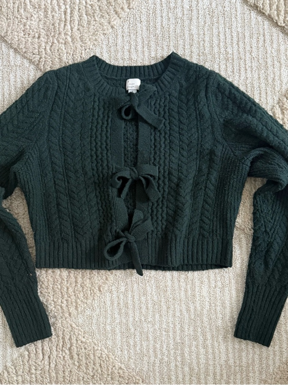 a new day Dark Green Cable-Knit Tie-Front Cropped Cardigan